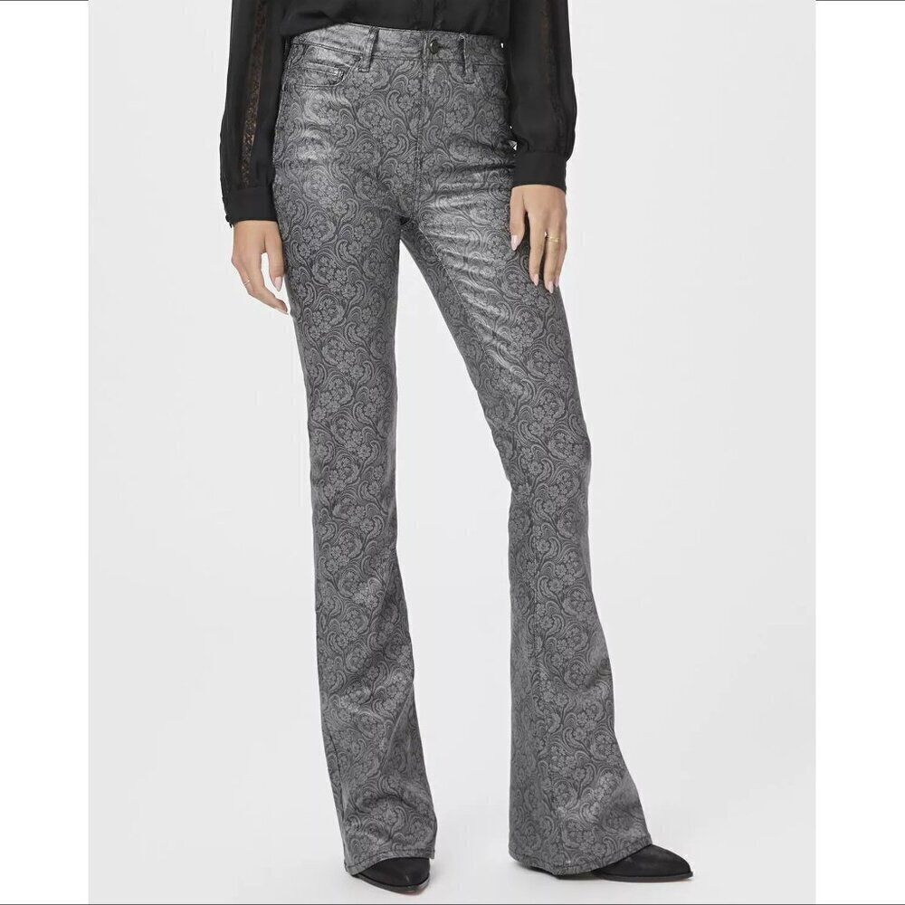 Paige Lou Lou high rise coated jeans gray black jacquard swirl flower new 34